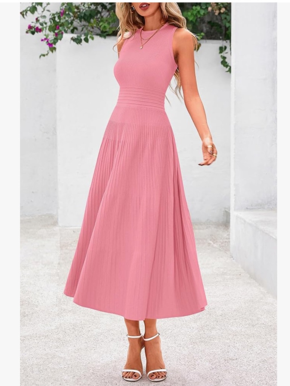 Pink Sleeveless Pleated  Dress -  Elegant Everyday